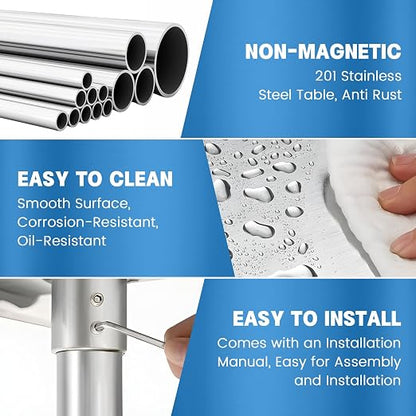 KUARBARR Stainless Steel Table for Prep & Work with 4 Caster Wheels with Backsplash 24 x 36 NSF Metal Commercial Kitchen Adjustable Under Shelf Worktable for Restaurant Home Outdoor