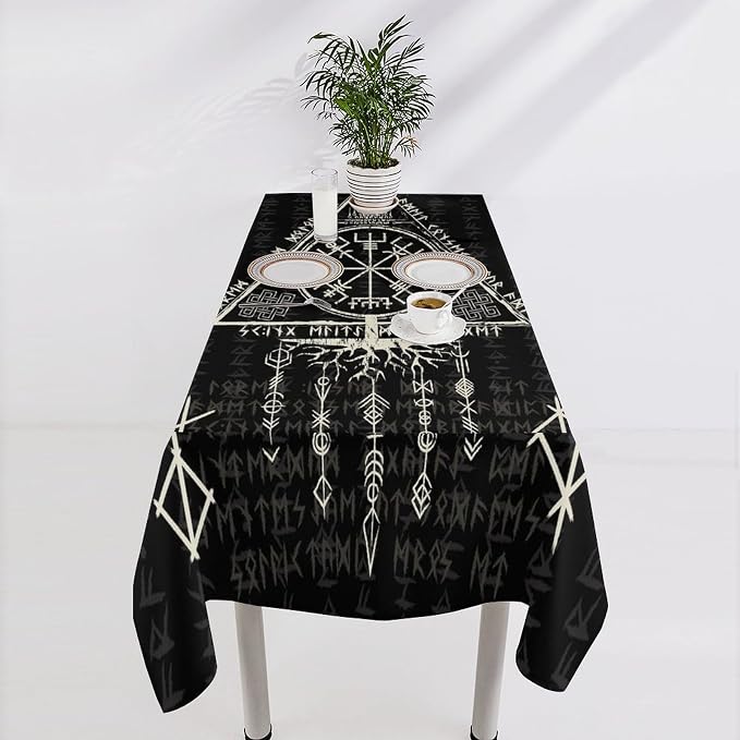 Vintage Viking Pattern Tablecloth, Gothic Helm of Terror Scandinavian Viking Seasonal Table Cloth Waterproof Wipeable Table Cover for Picnic Holiday Party Kitchen Dining 55x75