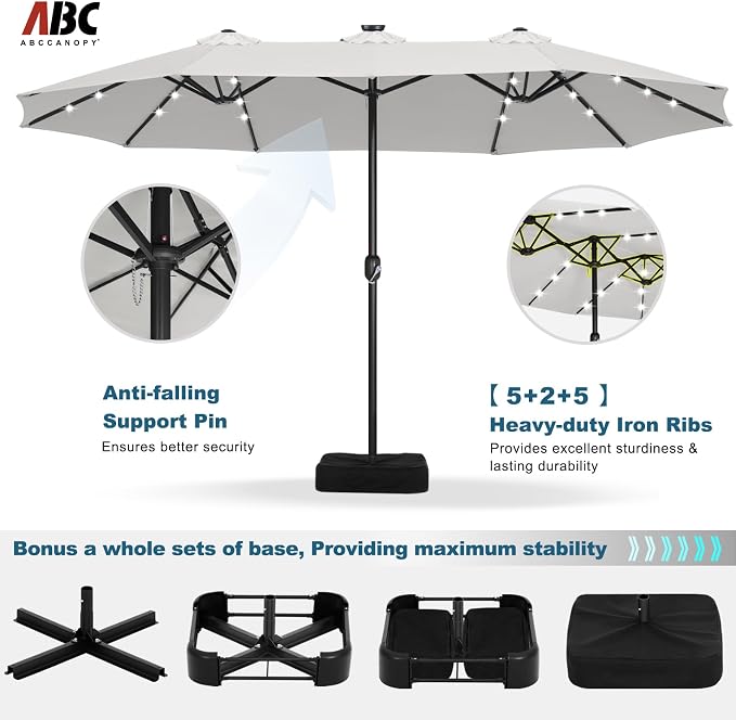 ABCCANOPY 15FT Solar LED Double-Sided Umbrella with Base, Light Gray | Rectangular Outdoor Table Umbrella with Crank, Heavy Duty Market Umbrella Shade for Garden,Poolside, Lawn, Backyard