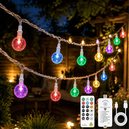 Crystal Globe String Lights 2500mAh Rechargeable Battery Operated | 16FT 50LED Outdoor Waterproof with Remote, Timer & 8 Modes, Fairy Lights for Yard Garden Patio Wedding Christmas (Multicolor)