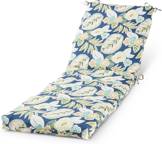 Modern Outdoor Chaise Lounge Cushion with Ties – Durable Polyester Fabric, Channel-Filled Polyfiber Insert, Removable Zippered Cover, Marlow Blue Floral