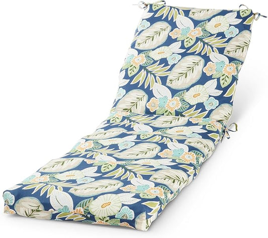 Modern Outdoor Chaise Lounge Cushion with Ties – Durable Polyester Fabric, Channel-Filled Polyfiber Insert, Removable Zippered Cover, Marlow Blue Floral