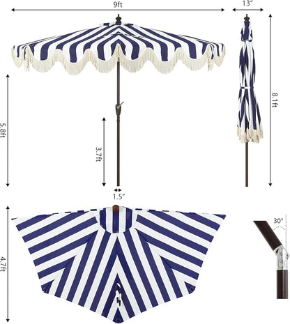 JONATHAN Y Beverly 9 ft. Striped Half Umbrella, Navy/Dark Brown | Coastal Scalloped Fringe, Crank Lift, 30 Degree Manual Tilt, UV 50 Polyester Canopy, Aluminum Frame, Space Saving Design