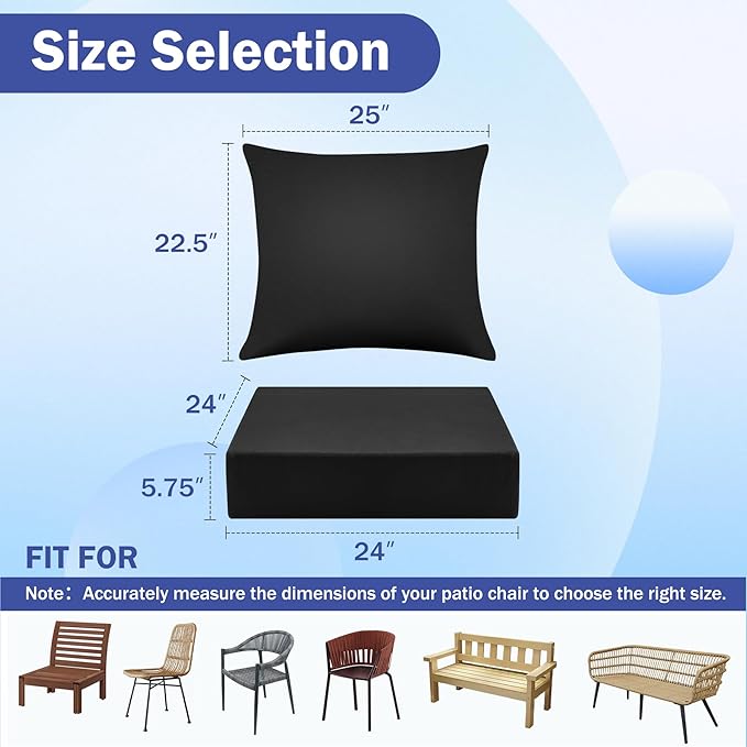 Outdoor Chair Cushions, 24 x 24 Inch Outdoor Cushion for Patio Furniture, Patio Chair Cushion, Waterproof & Fade Resistant Deep Patio Furniture Cushions Set with Handle and Ties, Black (Set of 2)