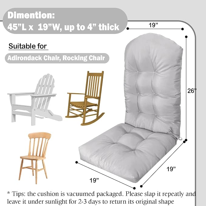 Adirondack Chair Cushion, Outdoor Patio Furniture Seat Pad, Waterproof | Waterproof cover with straps, PP cotton, high back thick seat pad for adirondack rocking chair indoor outdoor porch 44x19x4