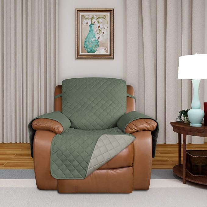 PureFit Reversible Recliner Chair Covers Couch Covers for Dogs, 28 in | Greyish Green/Beige, Water Resistant Couch Protector, Washable Pet Couch Cover with Non Slip and Elastic Straps For Kids