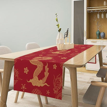 Gold Dragon Table Runner Traditional Oriental Chinese Japanese Flying Animal Red Dinner Runner Table Decoration for Home Kitchen Dining Table Party Decoration 13x36in