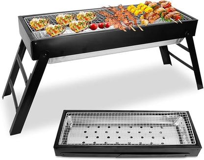 Portable Charcoal BBQ Grill, Foldable BBQ Grill with Stainless Steel Grill Net & Charcoal Drawer Tray, Easy Setup Barbecue Grill for Camping Picnic Outdoor Party Backyard (21.85x8.85x12in)
