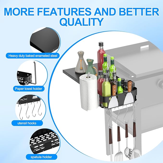 Foldable Griddle Side Shelf and Griddle Caddy for Blackstone 28" Griddles, Griddles Side Table and Storage Box with Paper Towel Holder, 4 Utensil Hooks for Blackstone Grill Accessories Space Saving