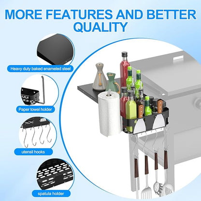 Foldable Griddle Side Shelf and Griddle Caddy for Blackstone 28" Griddles, Griddles Side Table and Storage Box with Paper Towel Holder, 4 Utensil Hooks for Blackstone Grill Accessories Space Saving