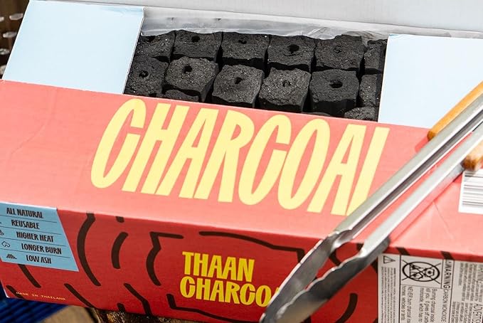 Thaan, Thai-Style Charcoal. 4-6 Hour Burn Time. Restaurant Grade Charcoal. Low Ash, No Smoke, High Heat. Up to 1200 Degrees. Binchotan Quality, Extruded Process. (5, Pounds)