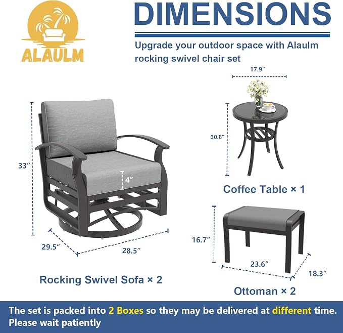 ALAULM 5 Piece Aluminum Outdoor Swivel Chairs High Back Metal Swivel Rocking Chairs with 5.1" Sponge Cushions, 2 Ottmans and 1 Coffee Table for Patio, Porch, Backyards, Garden(Grey)