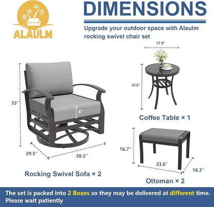 ALAULM 5 Piece Aluminum Outdoor Swivel Chairs High Back Metal Swivel Rocking Chairs with 5.1" Sponge Cushions, 2 Ottmans and 1 Coffee Table for Patio, Porch, Backyards, Garden(Grey)