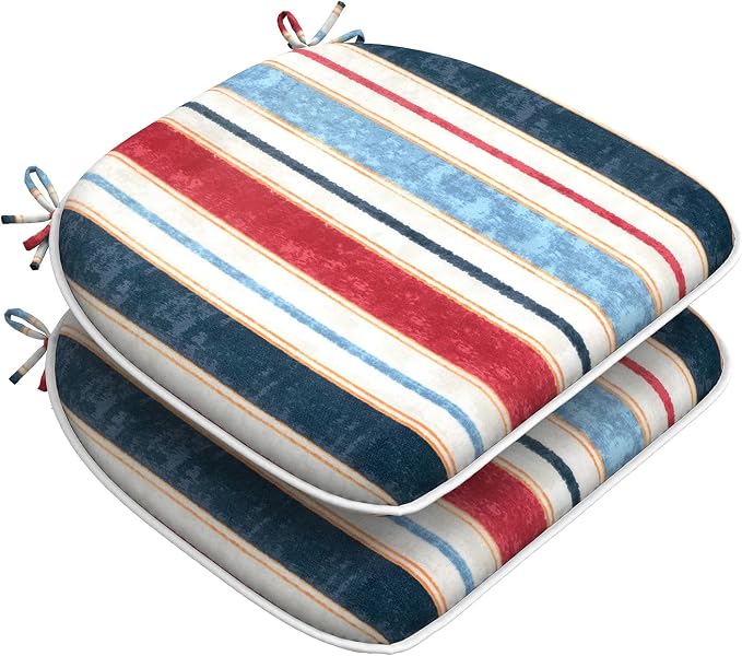 DYTXIII Set of 2 Outdoor Chair Cushions with Ties,Water Repellent Patio Chair Pads 17"x 16" for Outdoor Furniture,Round Corner Seat Cushions for Garden Yard Kitchen Stripe Red Blue
