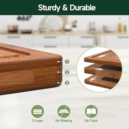 4-Piece Set Bamboo Cutting Board for Kitchen - Crack-Resistant Wood Chopping Boards with Deep Juice Grooves, Pre-Oiled Butcher Block for Meat, Vegetables & Cheese, Carbonized