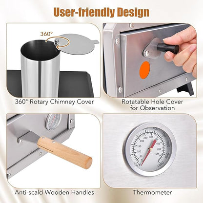 HAPPYGRILL Outdoor Pizza Oven with Rotatable Pizza Stone, Wood Fired Pizza Maker with Pizza Peel, Thermometer & Rain Cover, Countertop Stainless Steel Pizza Stove for Camping Picnic Party