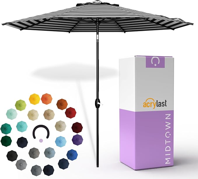 Midtown Umbrellas – The Lean 10 Ft Patio Umbrella with 10-Year-No-Fade Acrylast Acrylic Fabric, Auto-Tilt and 8 Reinforced Ribs for Deck, Pool, Garden, Hotel & Cafes – Urban Stripes Canopy, Black Pole