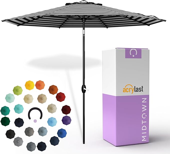 Midtown Umbrellas – The Lean 9 Ft Patio Umbrella with 10-Year-No-Fade Acrylast Acrylic Fabric, Auto-Tilt and 8 Reinforced Ribs for Deck, Pool, Garden, Hotel & Cafes – Urban Stripes Canopy, Black Pole