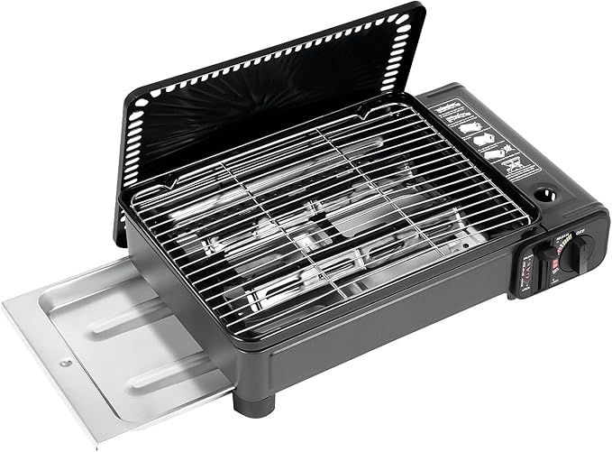 Portable Butane Stove Compact Gas-Grill Stove with Grilling Net & Storage Case, 0.25-0.3MPa Tabletop BBQ for Camping, Outdoor Cooker, Home
