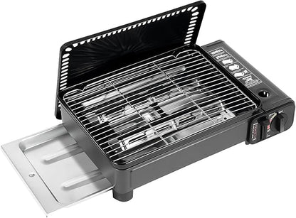 Portable Butane Stove Compact Gas-Grill Stove with Grilling Net & Storage Case, 0.25-0.3MPa Tabletop BBQ for Camping, Outdoor Cooker, Home
