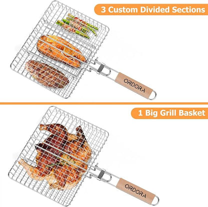 ORDORA Grill Basket Deep, Stainless Steel BBQ Grilling Baskets for Outdoor Grill, Fish Grilling Rack for Veggies, Meat, Shrimps, Grill Accessories with Detachable Handle, Gifts for Dad