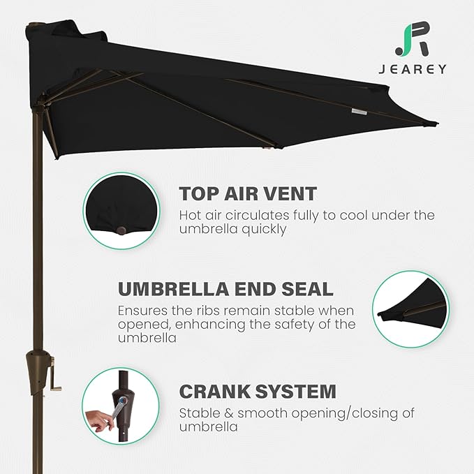 JEAREY 9ft Half Umbrella Outdoor Patio Umbrella Market Umbrellas with Crank, 1/2 Round Wall Umbrella 5 Sturdy Ribs UV Protection for Pool Garden Balcony Deck, Black