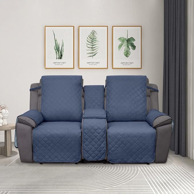 PureFit Water Resistant Reversible Loveseat Recliner Cover for Double | Double with Console, Non Slip Split Sofa Cover, Washable Reclining Cover, Dark Blue/Light Blue