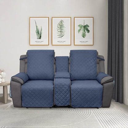 PureFit Water Resistant Reversible Loveseat Recliner Cover for Double | Double with Console, Non Slip Split Sofa Cover, Washable Reclining Cover, Dark Blue/Light Blue