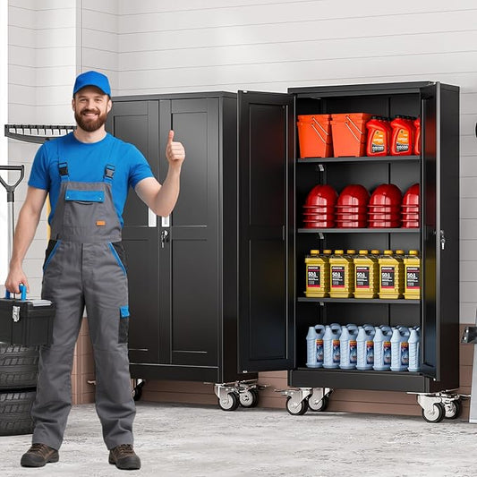 61" Metal Garage Storage Cabinet with Wheels and Locking Doors and Tall Rolling Steel Tool Cabinet with 3 Adjustable Shelves for Garage,Home,Office,Shop (Black, 61''H x 28''W x14''D)
