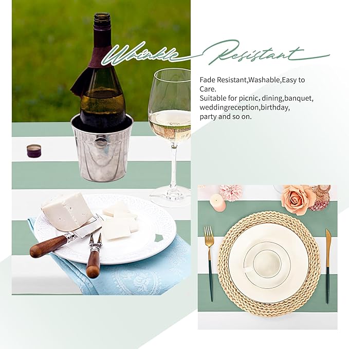 6 Pack Green and White Striped Tablecloth Rectangle 60x84inch Polyester Fabric Washable Table Cloth for Afternoon Tea Table Birthday Party Picnic Barbecue Gathering Indoor Outdoor Dining Decor