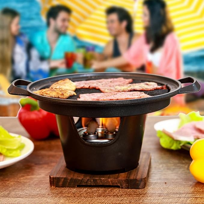 Single Person Grill Japanese Hibachi Grill Tabletop Portable Smokeless Cast Grill Korean BBQ Charcoal Grill Cast Iron Grill Platter, Charcoal Grill, Portable Charcoal Grill with Wooden Base