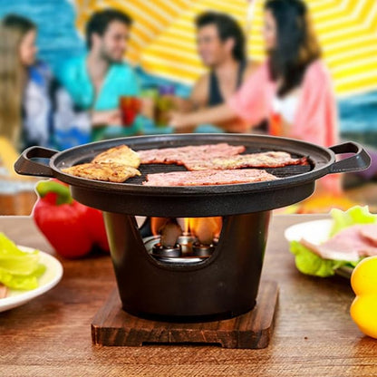 Single Person Grill Japanese Hibachi Grill Tabletop Portable Smokeless Cast Grill Korean BBQ Charcoal Grill Cast Iron Grill Platter, Charcoal Grill, Portable Charcoal Grill with Wooden Base