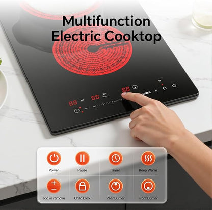 Ranein 12 Inch 2 Burner Electric Cooktop, Max 3000W 240V Ceramic Panel Built-in Electric Stove Top, with Child Safety Lock, Timer, Over-Temperature Protection