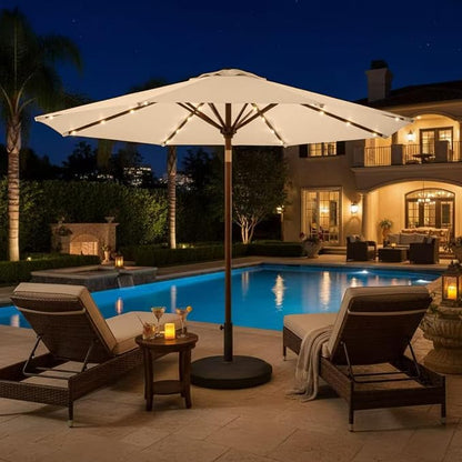 9' Solar LED Patio Umbrella with Tilt & Crank|8 Sturdy Ribs,UV Protection,Outdoor Market Table Umbrella for Deck,Lawn,Pool,Backyard (Khaki)