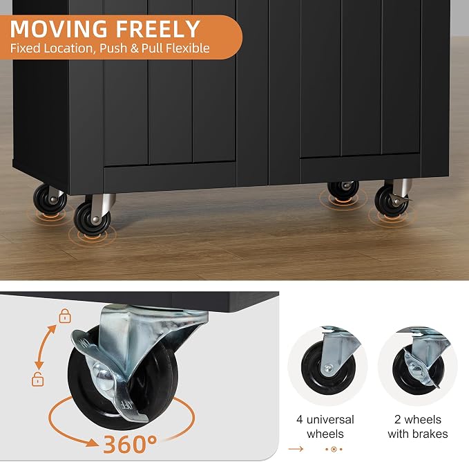 Shintenchi Kitchen Island cart with Storage, Portable Bar Cabinet on Wheels, Rolling Microwave Cart Side Table with Workstation for Kitchen, Dinning Room, Black