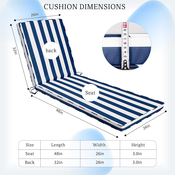 Chaise Lounge Cushions Outdoor Set of 2, 80"x26"x3" Patio Lounge Chair Furniture Cushions with Washable Covers for Pool, Patio, Lawn (Blue+White Stripes, 2 Pcs)