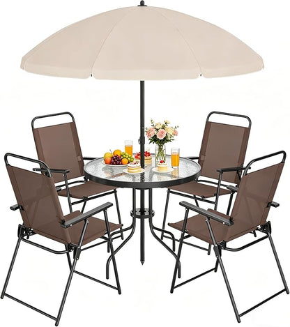 Shintenchi 6 Piece Outdoor Patio Furniture Set, Small Outdoor Patio Dining Table and Chairs Set, Outdoor Seating with Umbrella for Backyard, Balcony, Front Porch, Light Brown
