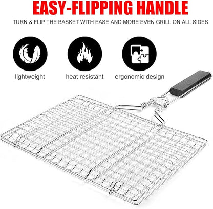 Grill Baskets Fish Grilling Basket for Outdoor Grilling Barbecue Stainless Steel Folding Grill Accessories with Removable Handle, Grill Basket for Bar, Camping, Picnics & Parties. Amazing Grill