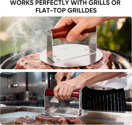 XUDAKAIXIN Stainless Steel Smash Burger Press 6.3",Hamburger Smasher Tool,BBQ Griddle Accessories for Hamburger, Steak, Meat,Perfect for Blackstone, Camp Chef, & Indoor Griddles (Round)