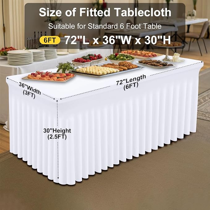 Smiry Spandex Elastic Fitted Table Cloth Skirt for 6FT Rectangle Table | Stretch Washable Table Cloth, Banquet Table Cover for Wedding, Party, Indoor & Trade Shows, (White, 72Lx36Wx30H)