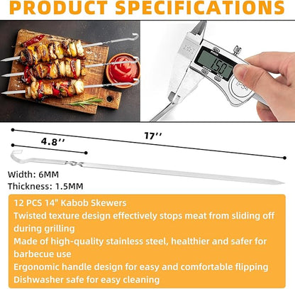 14" Skewers for Grilling with Gift Package, Flat Metal Kabob Skewers, Reusable Stainless Steel BBQ Skewers, Heavy Duty Shish Kebab Skewers for Outdoor Camping Grill Kitchen Cooking