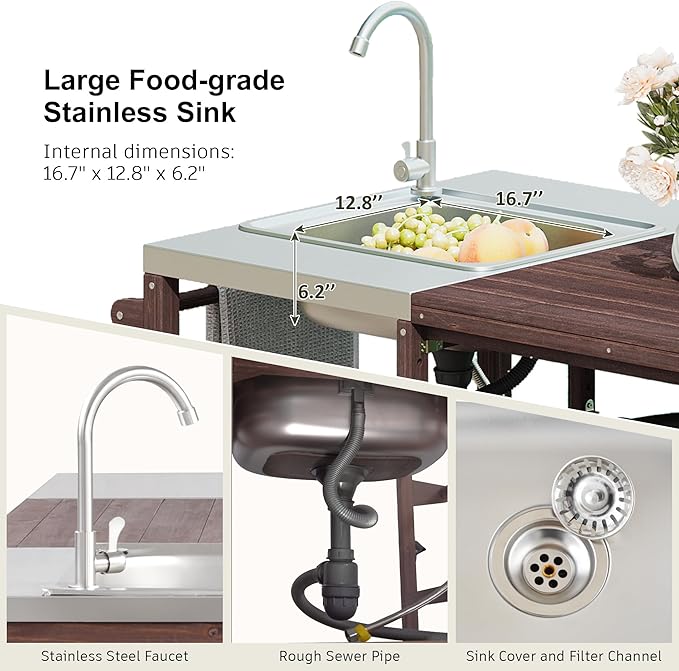 75.4" Outdoor Kitchen Island with Sink, Solid Wood Grill Cart for XL Big Green Egg, Rolling Outdoor Bar Cart with Stainless Steel Top, Adjustable Shelves, 6 Wheels for BBQ Pizza Prep