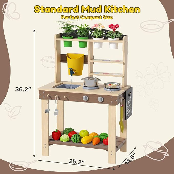 BIERUM Wooden Mud Kitchen for Kids Outdoor with Real Sink & Faucet, Green | with Real Sink, Faucet, Oven and Stove, for Water, Cooking & Planting, Perfect Outdoor Gift for Toddlers Boys Girls Ages 3+
