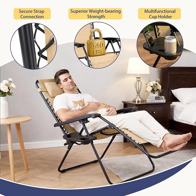 Sweetcrispy Zero Gravity Chairs, Set of 2 Portable Recliner Beach Camping Patio Outdoor Folding Lounge Chair with Cup Holder Trays and Adjustable Pillow for Poolside, Garden, Backyard, Lawn, Khaki