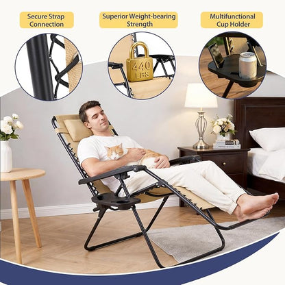 Sweetcrispy Zero Gravity Chairs, Set of 2 Portable Recliner Beach Camping Patio Outdoor Folding Lounge Chair with Cup Holder Trays and Adjustable Pillow for Poolside, Garden, Backyard, Lawn, Khaki