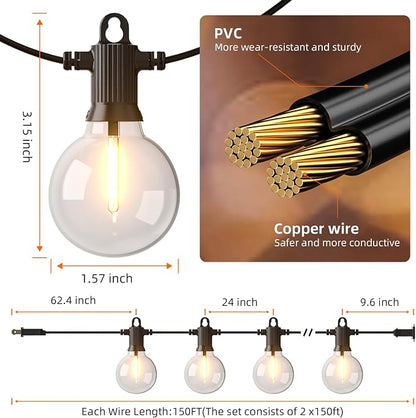 Kawaya G40 Outdoor String Lights 300FT IP65 Waterproof 2700K Patio Light | IP65 146+4 Shatterproof Edison Globe Blubs,2700K Warm White for Garden Porch Fence Camping Party Backyard Deck Bistro Balcony