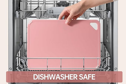 THETCHRY Plastic Cutting Board Set, Pink Cutting Board with Non-slip, Cutting Board for Kitchen Set of 3, Dishwasher Safe, BPA Free, Reversible, with Grip Handle, Pink