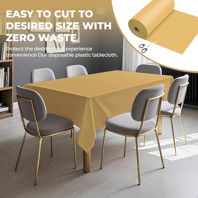 54 Inch X 300 Feet Plastic Table Cover Roll Premium Disposable Plastic Tablecloth for All Type/Shape Tables | Picnic, Party, Banquet, Birthdays, Weddings (Gold, 54 Inch X 300 Feet)