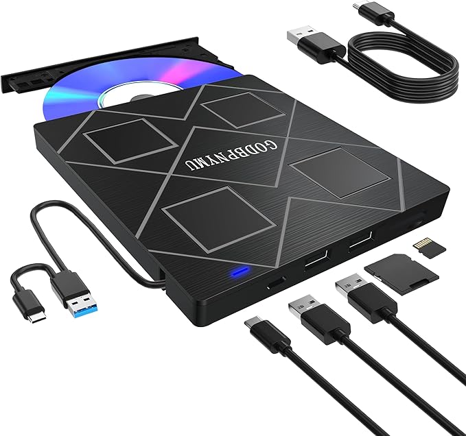 5-in-1 Extemal CD/DVD Drive for Laptop,USB 3.0 & Type-C Portable CD/DvD Rw Burner with SD/TF Card Reader &DVD-ROM Rewritable Player，Compatible with Laptop Pc Desktop, Windows11/10/8/7 Linux Mac os