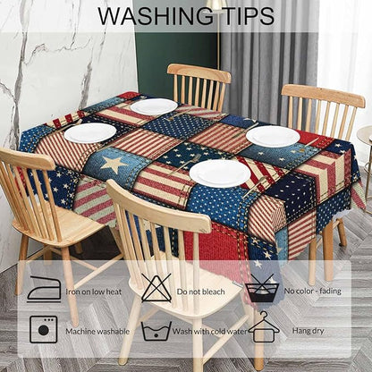 American Flag Tablecloth for Rectangle Tables Denim Patchwork of American Flag Picnic Table Cover Indoor and Outdoor Table Cloth Camping Tablecloths for Dinner Kitchen 52"X70"
